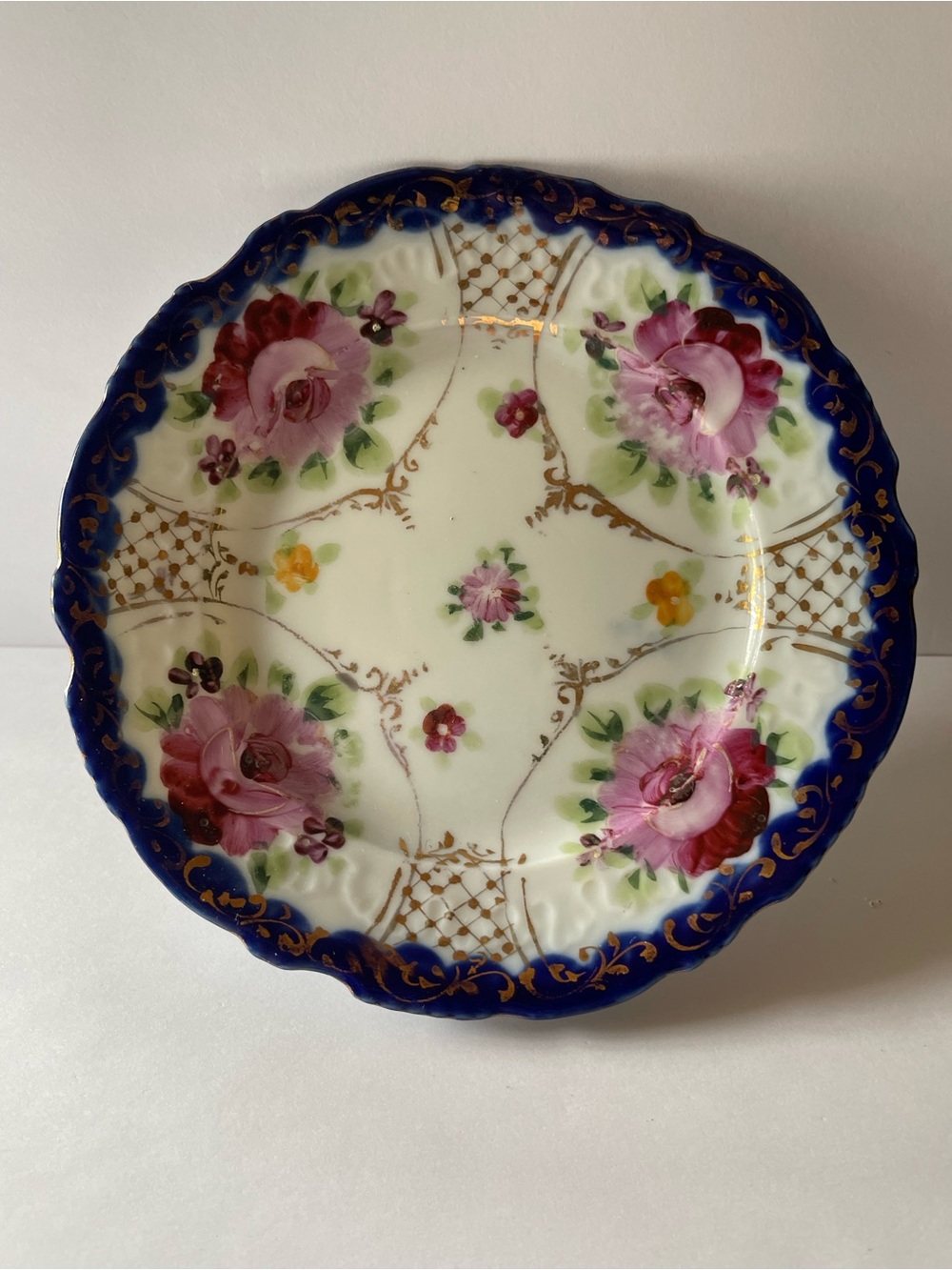Antique Nippon Hand Painted Porcelain Plate Cobalt Blue Pink Roses Gold Gilt